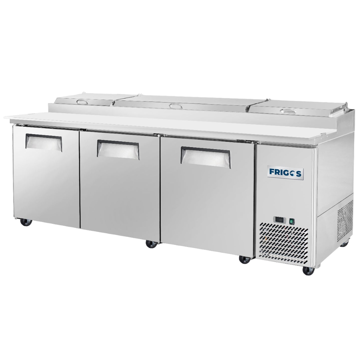 Frigos Pizza Prep Table Refrigerator 93" Width 3 Door with Aluminum Interior with 304 Stainless Steel Floor - FG-PZPT-93
