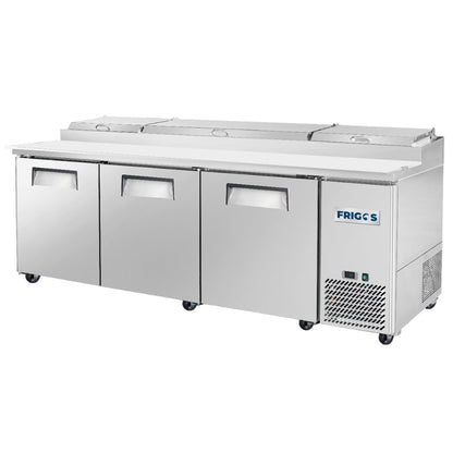 Frigos Pizza Prep Table Refrigerator 93" Width 3 Door with Aluminum Interior with 304 Stainless Steel Floor - FG-PZPT-93