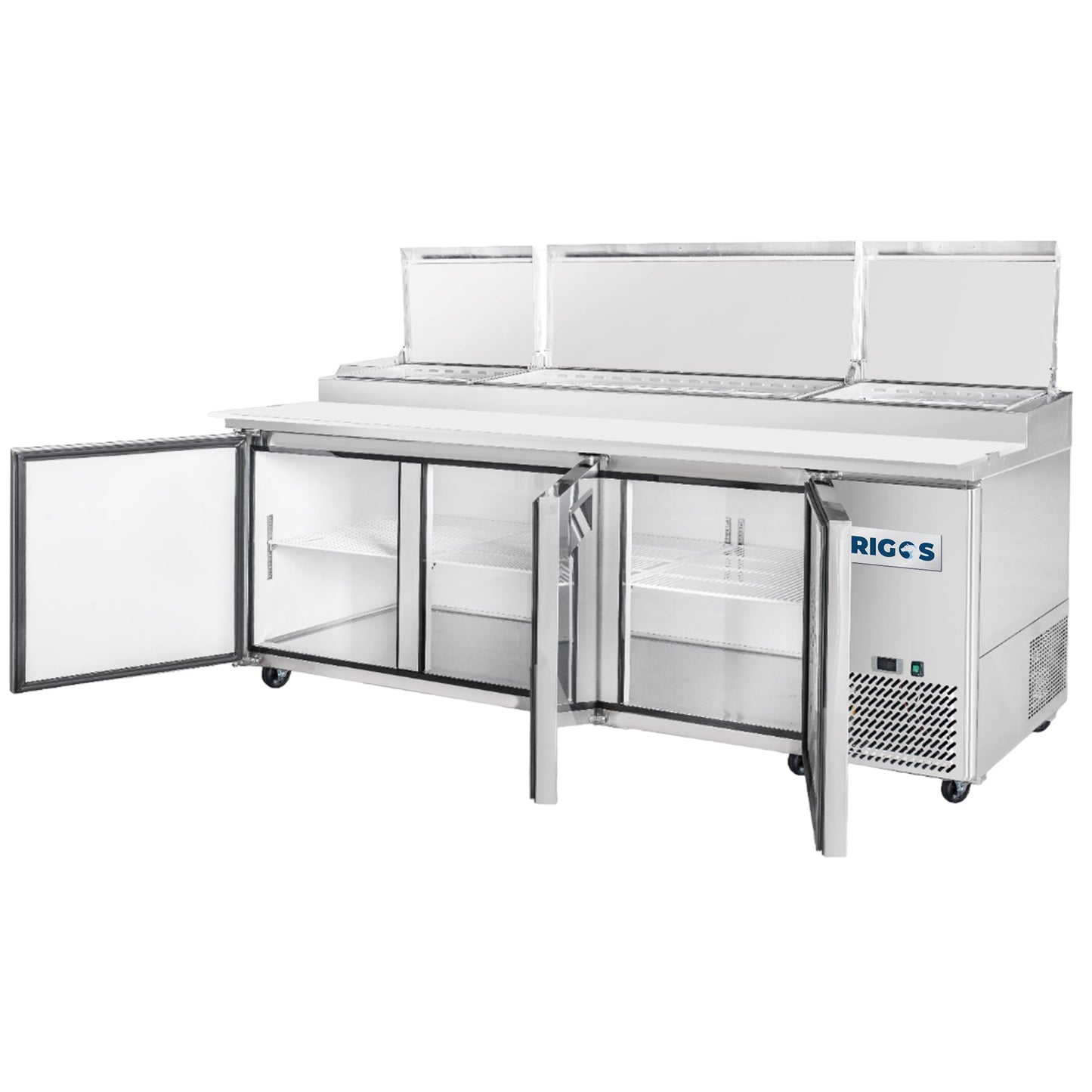 Frigos Pizza Prep Table Refrigerator 93" Width 3 Door with Aluminum Interior with 304 Stainless Steel Floor - FG-PZPT-93