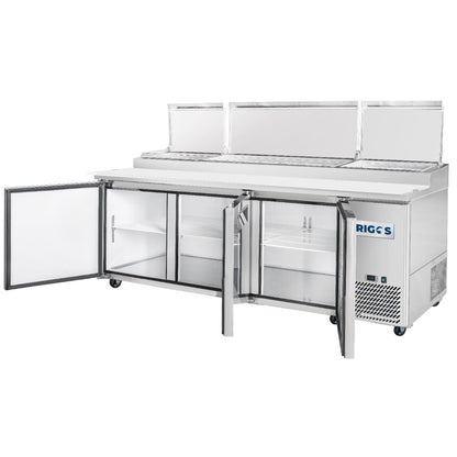 Frigos Pizza Prep Table Refrigerator 93" Width 3 Door with Aluminum Interior with 304 Stainless Steel Floor - FG-PZPT-93