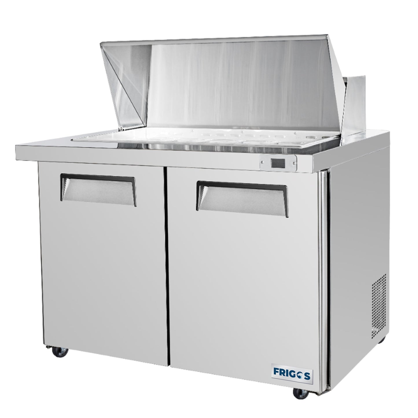Frigos Sandwich and Salad Prep Table Refrigerator 48" Width 2 Door Mega Top with Aluminum Interior with 304 Stainless Steel Floor - FG-SWPT-48-MT