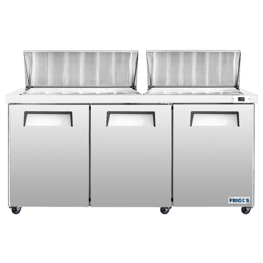 Frigos Sandwich and Salad Prep Table Refrigerator 72" Width 3 Door with Aluminum Interior with 304 Stainless Steel Floor - FG-SWPT-72