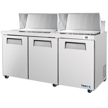 Frigos Sandwich and Salad Prep Table Refrigerator 72" Width 3 Door with Aluminum Interior with 304 Stainless Steel Floor - FG-SWPT-72