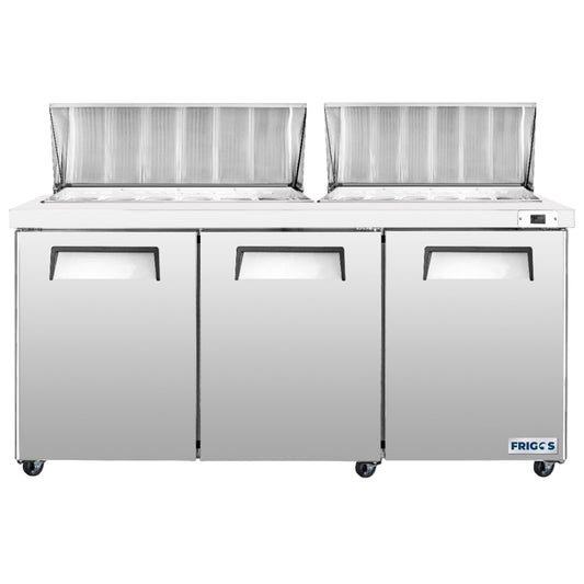 Frigos Sandwich and Salad Prep Table Refrigerator 72" Width 3 Door Mega Top with Aluminum Interior with 304 Stainless Steel Floor - FG-SWPT-72-MT