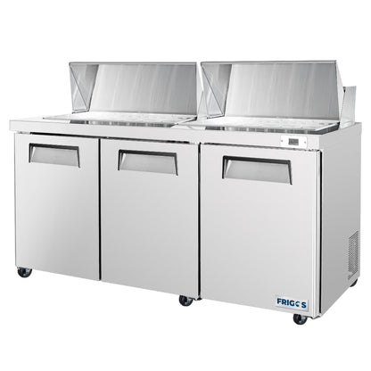 Frigos Sandwich and Salad Prep Table Refrigerator 72" Width 3 Door Mega Top with Aluminum Interior with 304 Stainless Steel Floor - FG-SWPT-72-MT