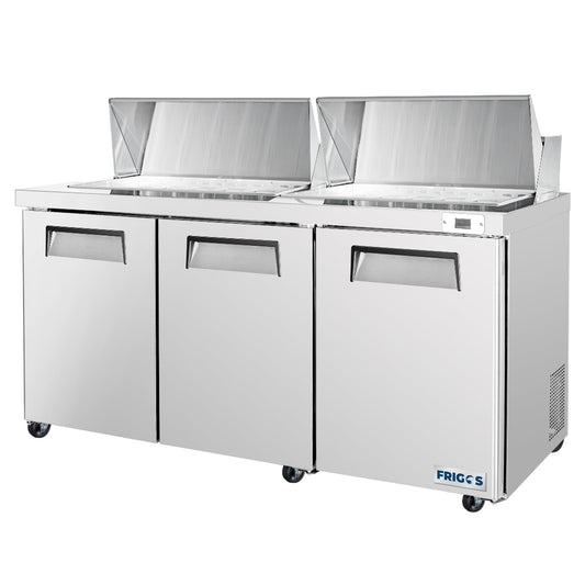 Frigos Sandwich and Salad Prep Table Refrigerator 72" Width 3 Door Mega Top with Aluminum Interior with 304 Stainless Steel Floor - FG-SWPT-72-MT