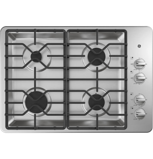GE APPLIANCES 30" Built-In Gas Cooktop with Dishwasher-Safe Grates in Stainless Steel - JGP3030SLSS