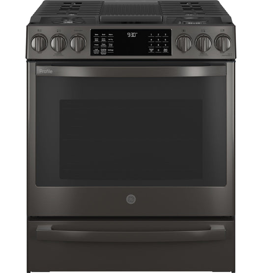 GE APPLIANCES PGS930BPTS GE Profile™ 30" Smart Slide-In Front-Control Gas Range with No Preheat Air Fry Black in Stainless Steel - PGS930BPTS