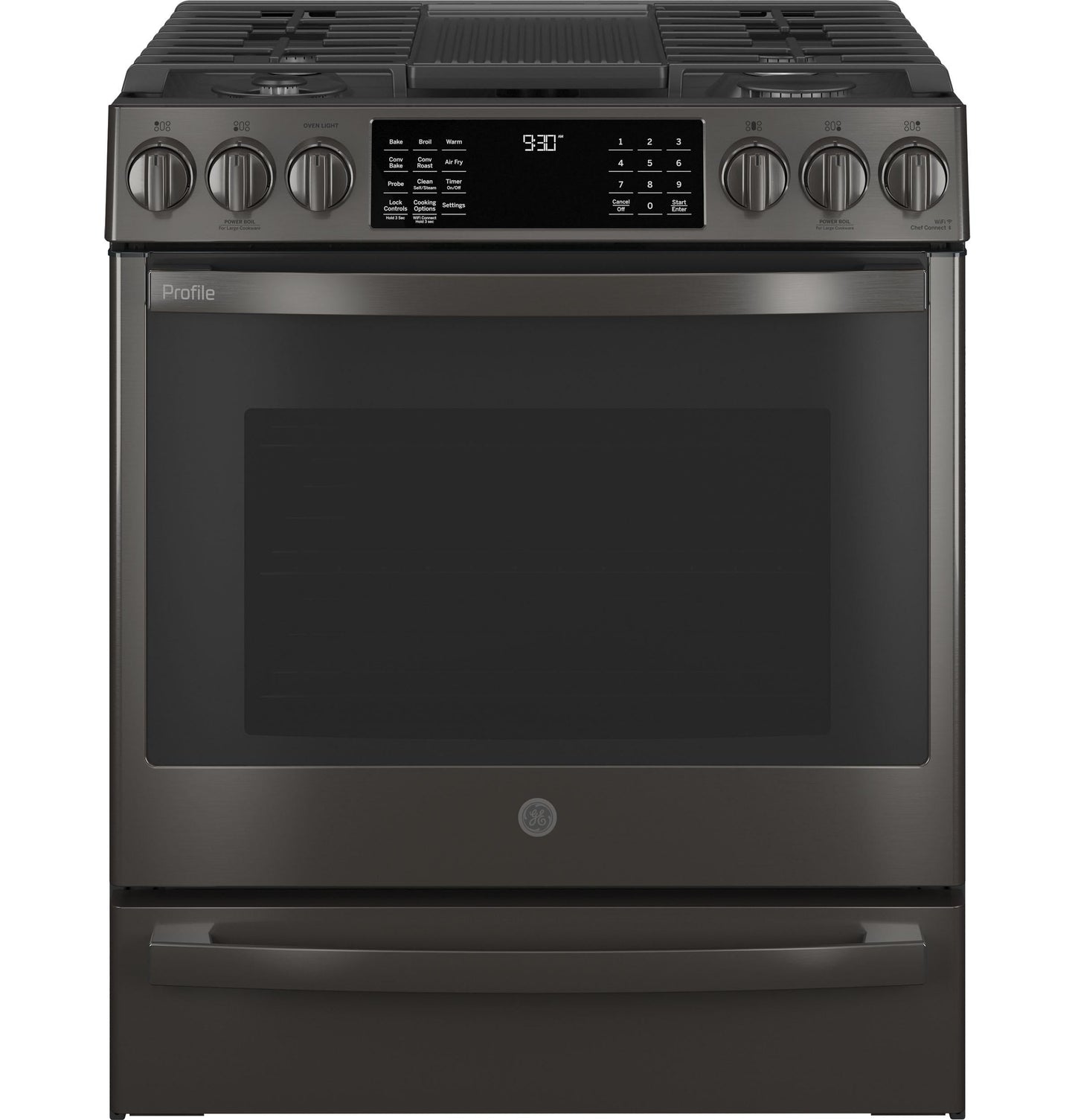 GE APPLIANCES PGS930BPTS GE Profile™ 30" Smart Slide-In Front-Control Gas Range with No Preheat Air Fry Black in Stainless Steel - PGS930BPTS