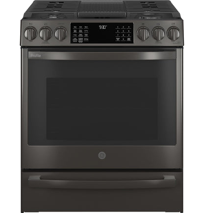 GE APPLIANCES PGS930BPTS GE Profile™ 30" Smart Slide-In Front-Control Gas Range with No Preheat Air Fry Black in Stainless Steel - PGS930BPTS
