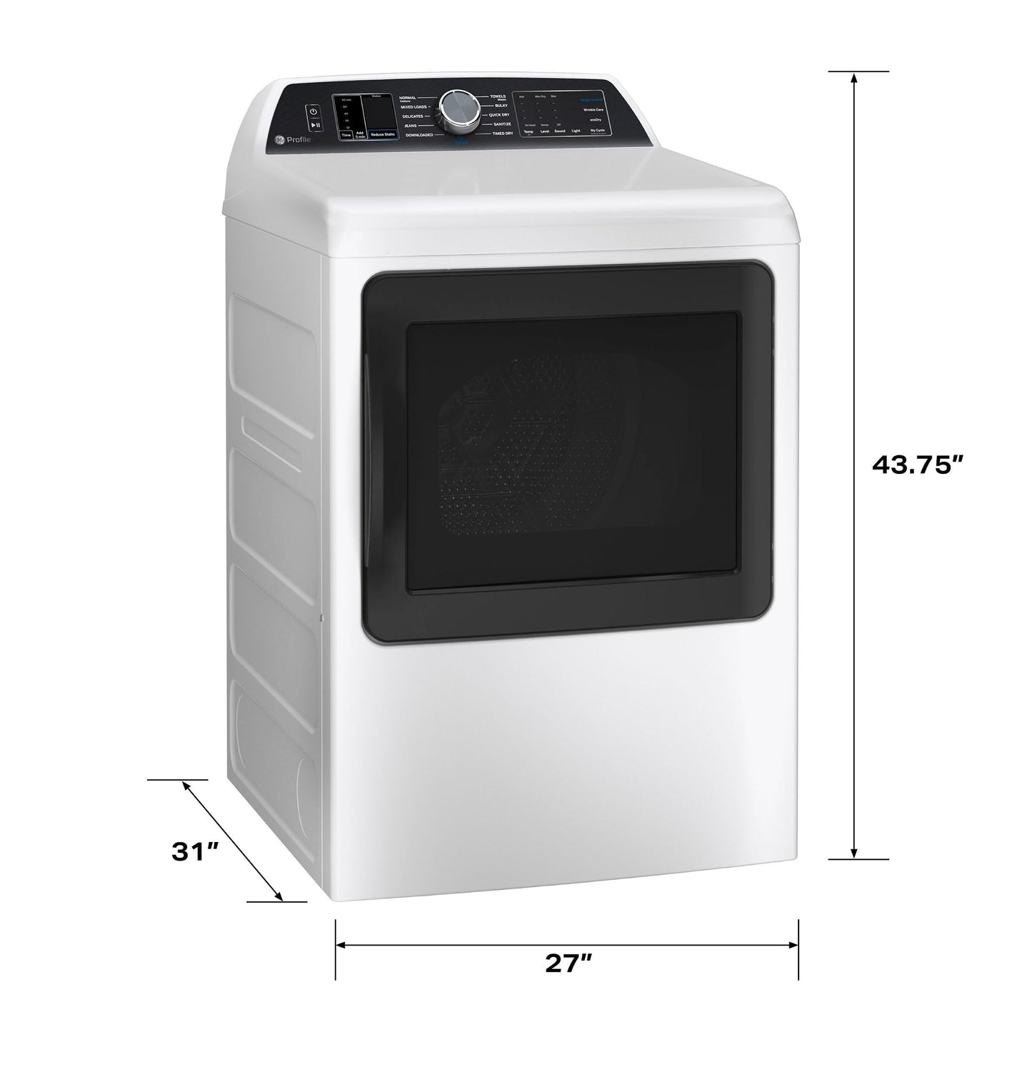GE APPLIANCES PTD70EBSTWS GE Profile™ ENERGY STAR® 7.4 cu. ft. Capacity Smart aluminized alloy drum Electric Dryer with Sanitize Cycle and Sensor Dry White On Gray - PTD70EBSTWS