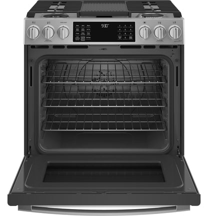 GE APPLIANCES 30" Smart Dual Fuel Slide-In Front-Control Fingerprint Resistant Range in Stainless Steel - P2S930YPFS
