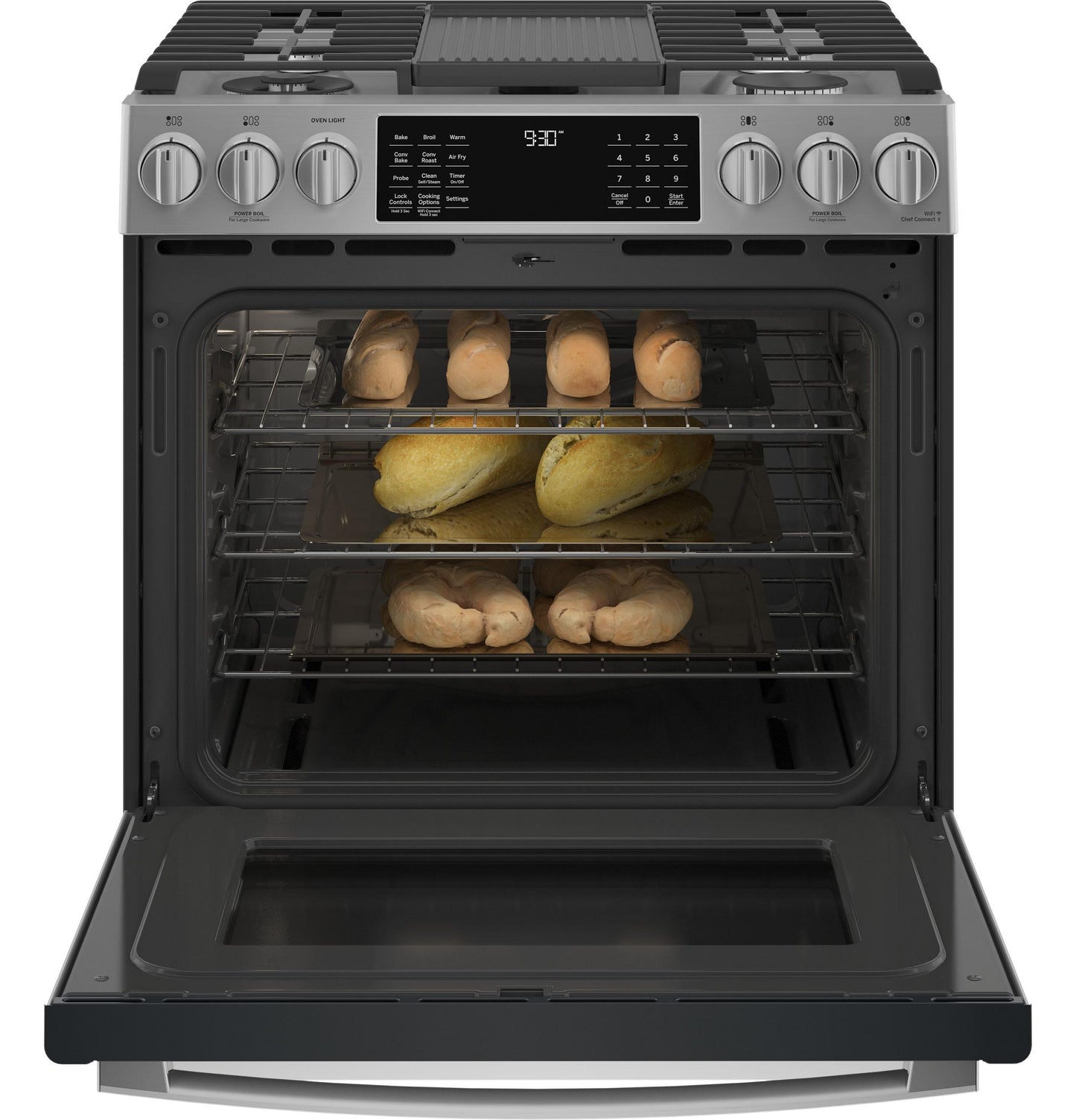 GE APPLIANCES GE Profile 30" Smart Slide-In Front-Control Gas Fingerprint Resistant Range with No Preheat Air Fry in Stainless Steel - PGS930YPFS