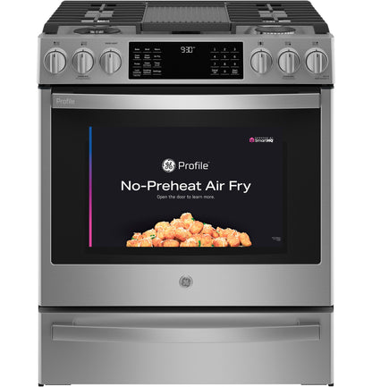 GE APPLIANCES GE Profile 30" Smart Slide-In Front-Control Gas Fingerprint Resistant Range with No Preheat Air Fry in Stainless Steel - PGS930YPFS