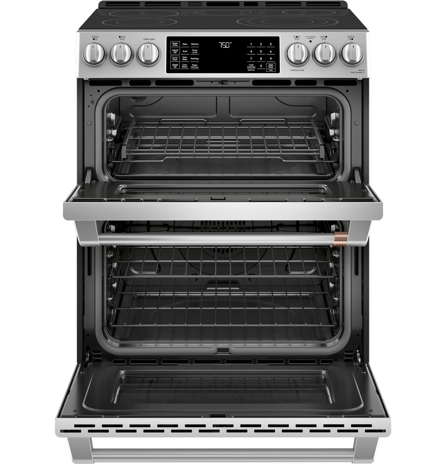 CAFE  30" Smart Slide-In, Front-Control, Radiant and Convection Double-Oven Range in Stainless Steel - CES750P2MS1