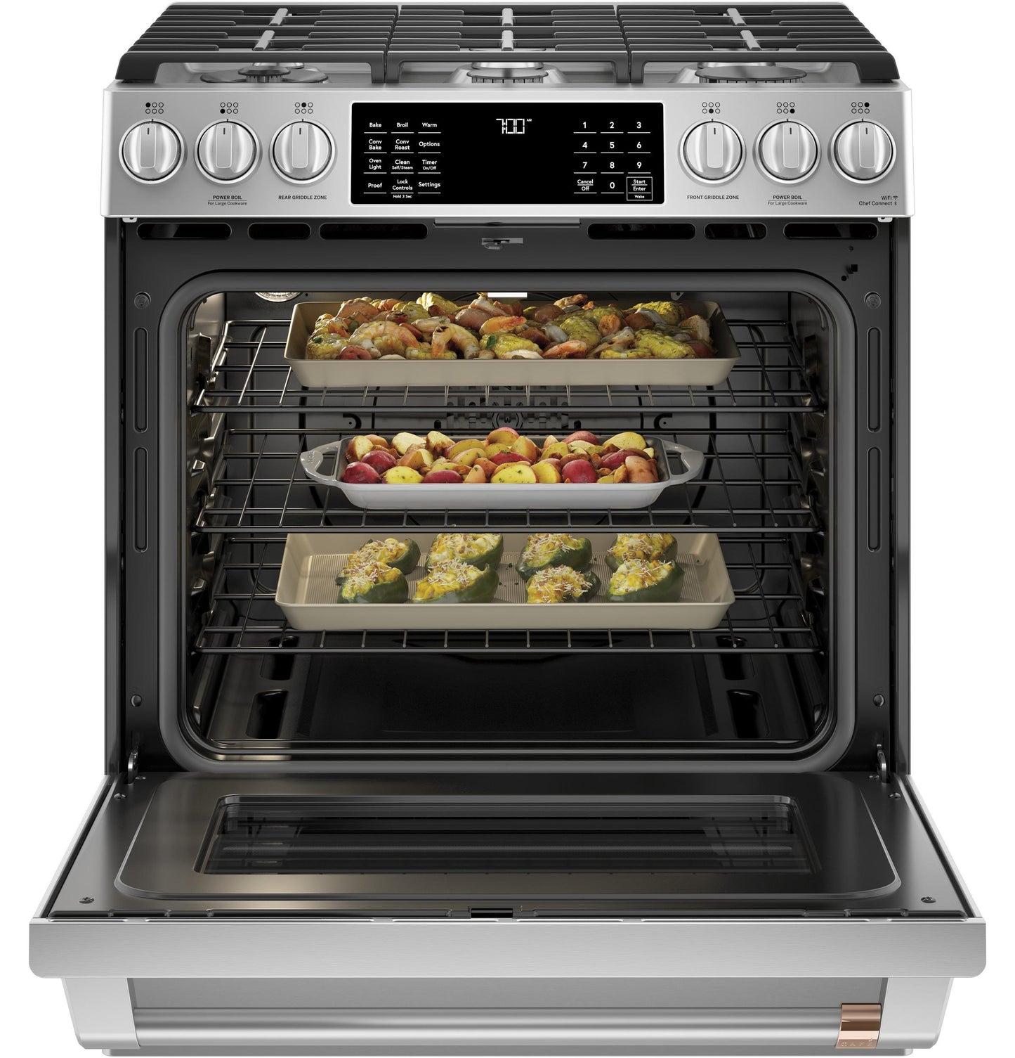 CAFE CGS700P2MS1 CAFé™ 30" Smart Slide-In, Front-Control, Gas Range with Convection Oven in Stainless Steel - CGS700P2MS1