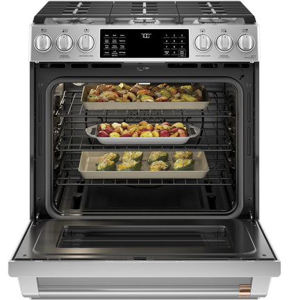 CAFE CGS700P2MS1 CAFé™ 30" Smart Slide-In, Front-Control, Gas Range with Convection Oven in Stainless Steel - CGS700P2MS1