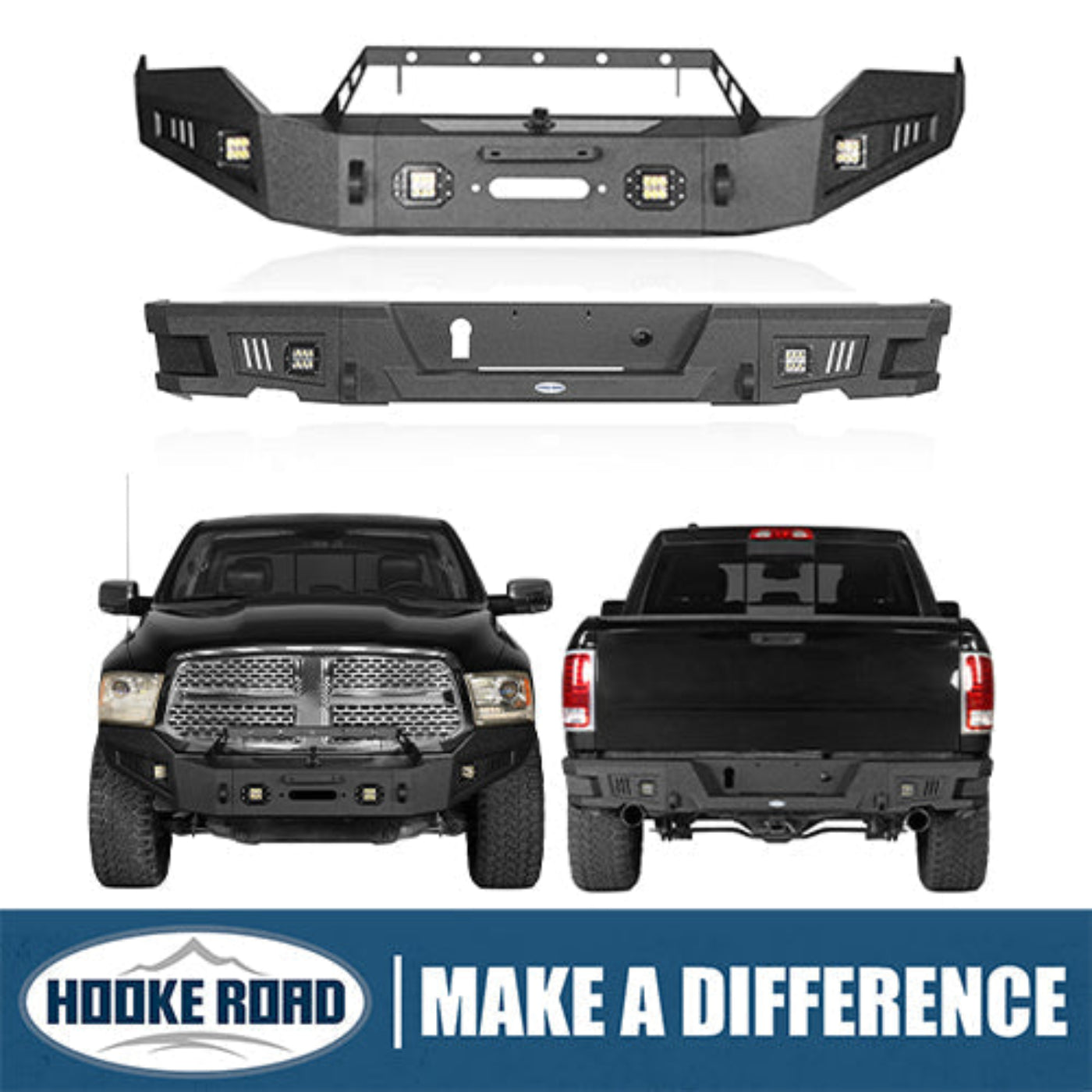 Hooke Road Ram 1500 Full Width Steel Front Bumper & Rear Bumper kits (2013-2018 Dodge Ram 1500,Excluding Rebel) - HE.6001A&HE.6001B&HE.6005