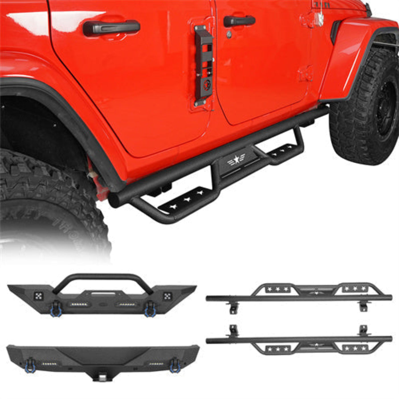 Hooke Road Front Bumper / Rear Bumper / Running Boards Side Steps(18-25 Jeep Wrangler J - HE.3005-1&HE.3018-S&HE.3003L 4-Door)