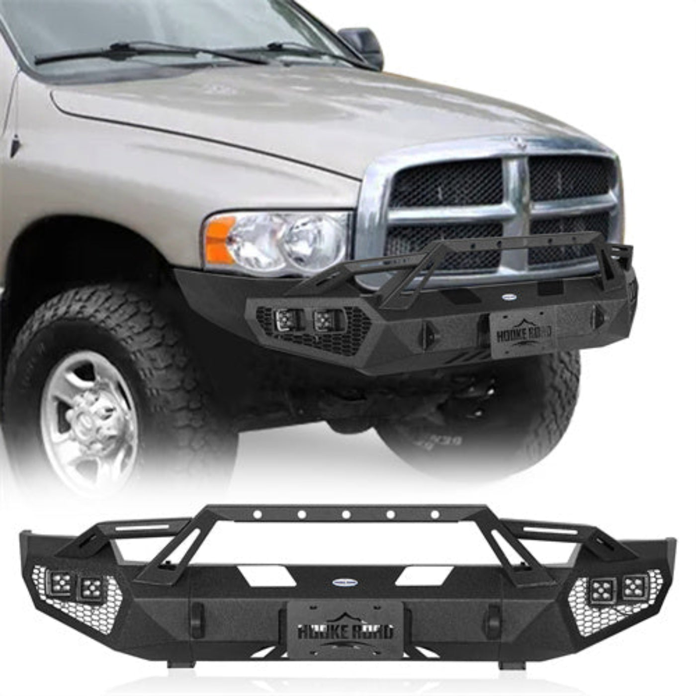 Hooke Road Front Bumper w/ Winch Plate & 4 × LED Lights for 03-05 Ram 2500 3500 (Excluding Diesel Models) - HE.6466