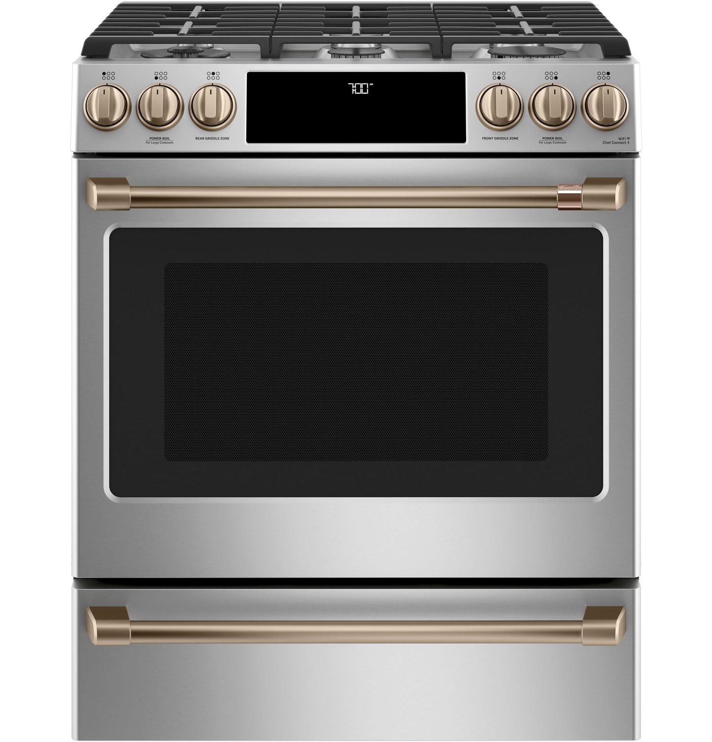 CAFE CGS700P2MS1 CAFé™ 30" Smart Slide-In, Front-Control, Gas Range with Convection Oven in Stainless Steel - CGS700P2MS1