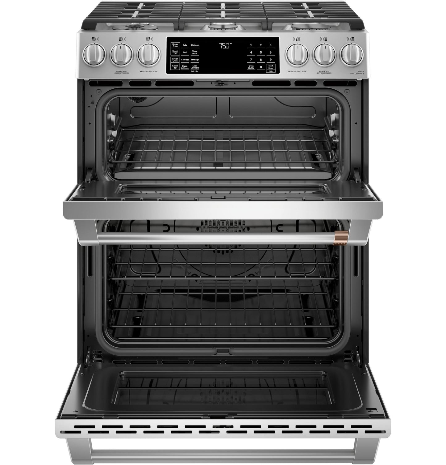 CAFE  30" Smart Slide-In, Front-Control, Gas Double-Oven Range with Convection in Stainless Steel - CGS750P2MS1