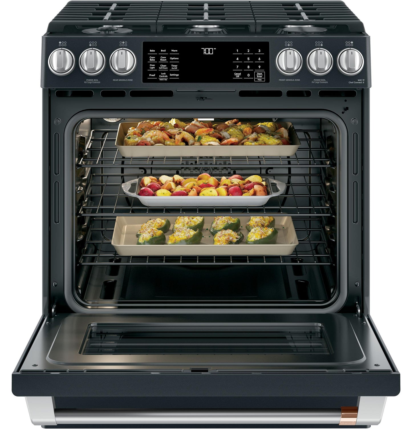 GE APPLIANCES CAFE CGS700P3MD1 CAFé™ 30" Smart Slide-In, Front-Control, Gas Range with Convection Oven Black - CGS700P3MD1