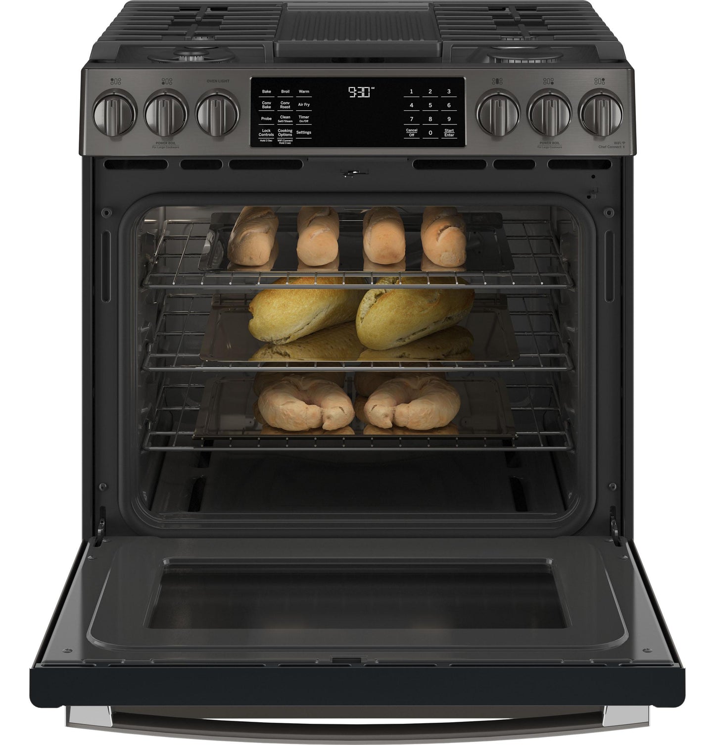 GE APPLIANCES PGS930BPTS GE Profile™ 30" Smart Slide-In Front-Control Gas Range with No Preheat Air Fry Black in Stainless Steel - PGS930BPTS