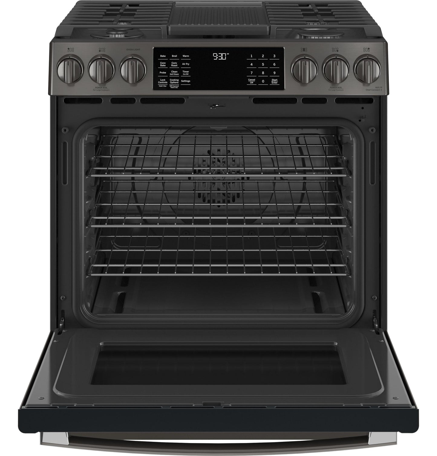 GE APPLIANCES PGS930BPTS GE Profile™ 30" Smart Slide-In Front-Control Gas Range with No Preheat Air Fry Black in Stainless Steel - PGS930BPTS