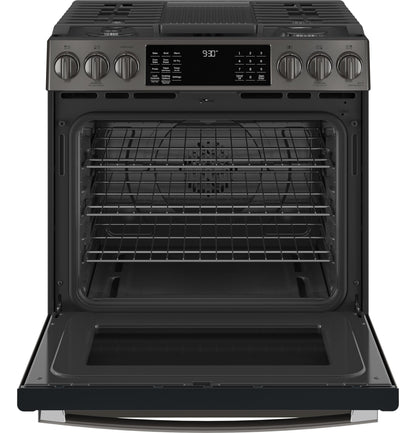 GE APPLIANCES PGS930BPTS GE Profile™ 30" Smart Slide-In Front-Control Gas Range with No Preheat Air Fry Black in Stainless Steel - PGS930BPTS