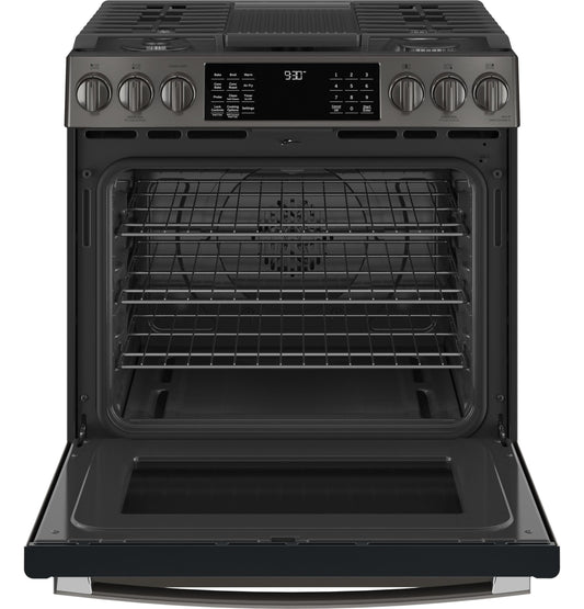 GE APPLIANCES PGS930BPTS GE Profile™ 30" Smart Slide-In Front-Control Gas Range with No Preheat Air Fry Black in Stainless Steel - PGS930BPTS