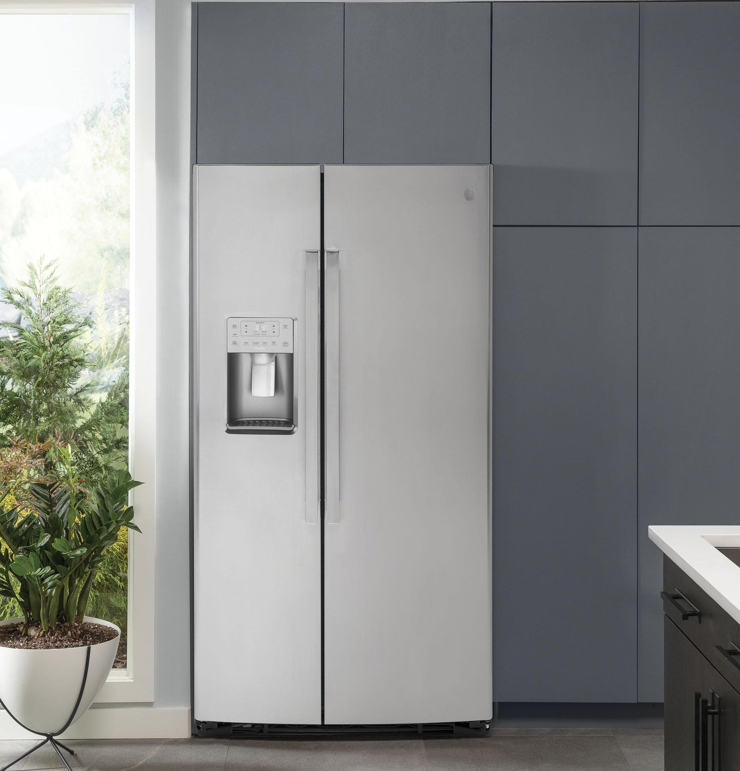GE APPLIANCES 21.9 Cu. Ft. Counter-Depth Side-By-Side Refrigerator in Stainless Steel - PZS22MYKFS