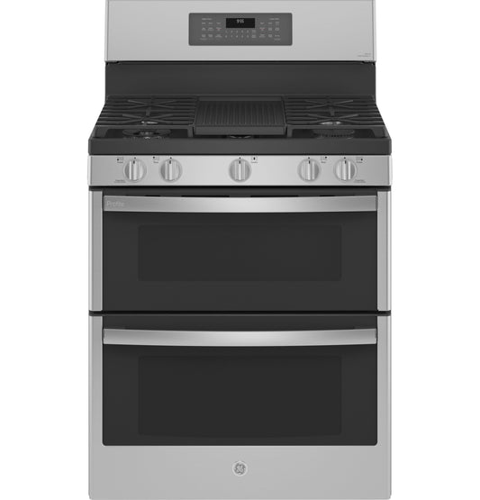 GE APPLIANCES GE Profile 30" Free-Standing Gas Double Oven Convection Fingerprint Resistant Range with No Preheat Air Fry in Stainless Steel - PGB965YPFS