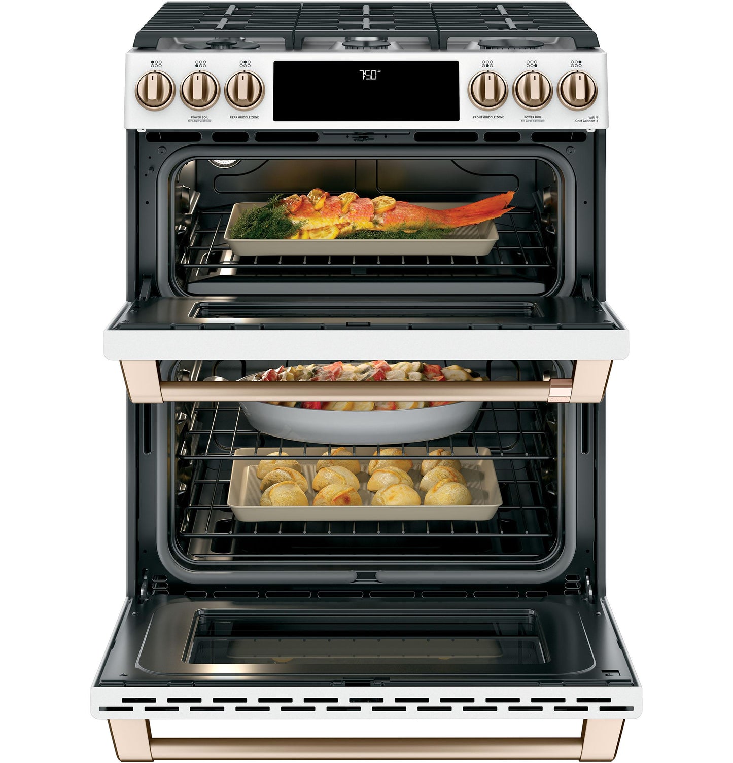 CAFE  30" Smart Slide-In, Front-Control, Gas Double-Oven Range with Convection White - CGS750P4MW2