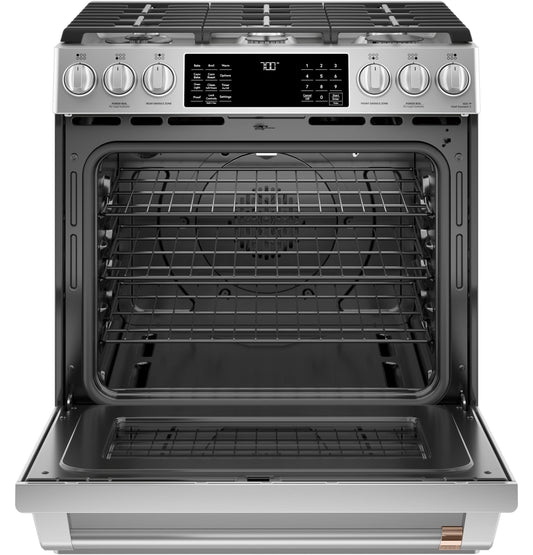 CAFE CGS700P2MS1 CAFé™ 30" Smart Slide-In, Front-Control, Gas Range with Convection Oven in Stainless Steel - CGS700P2MS1