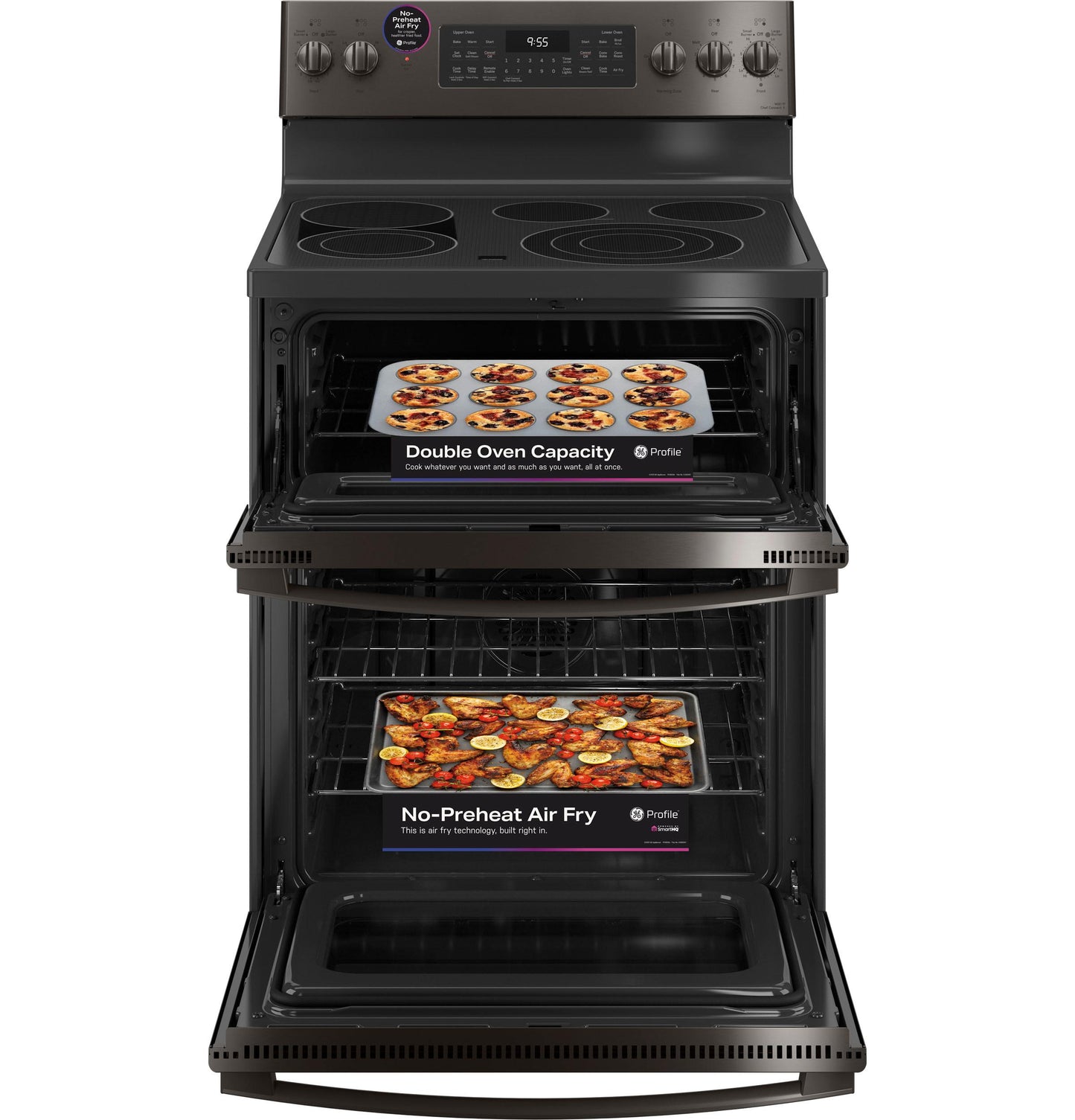 GE APPLIANCES GE Profile 30" Smart Free-Standing Electric Double Oven Convection Range with No Preheat Air Fry Black in Stainless Steel - PB965BPTS