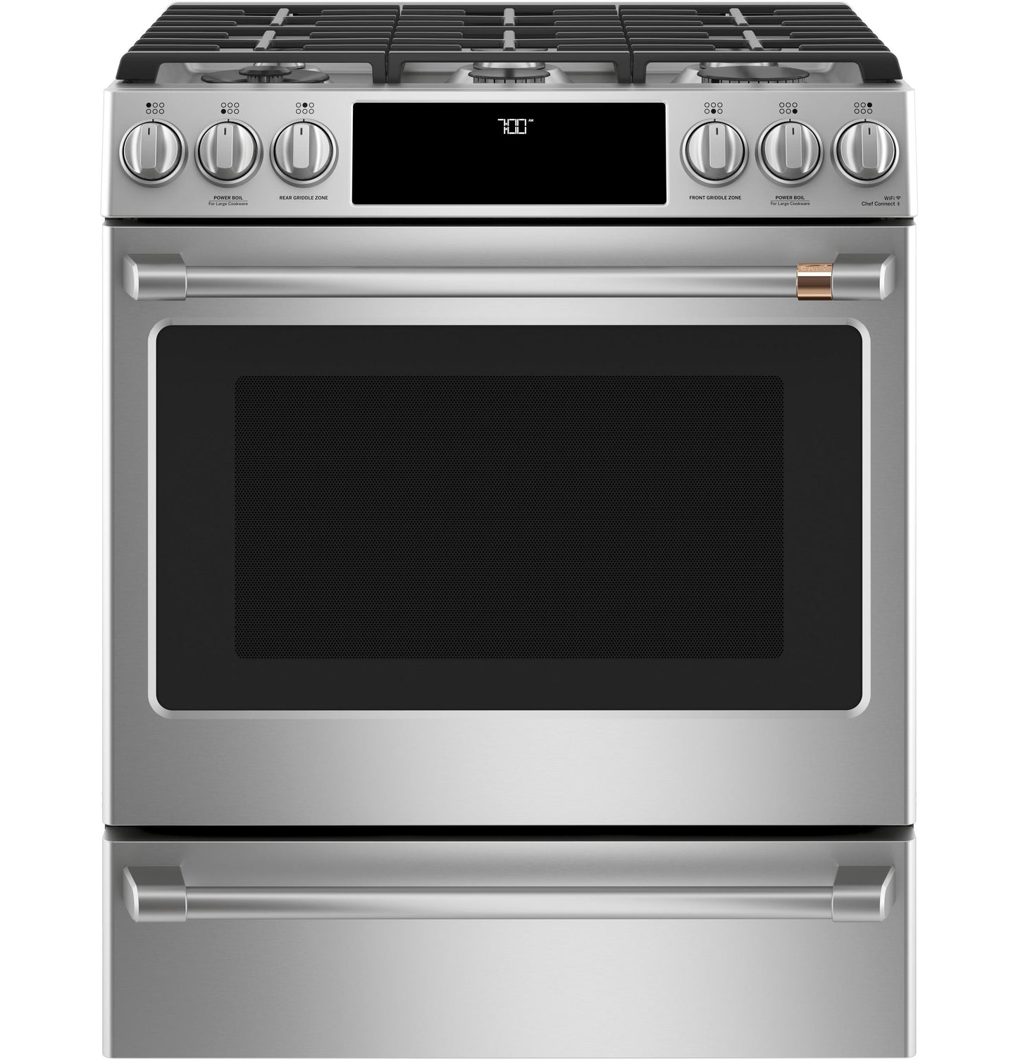 CAFE 30" Smart Slide-In, Front-Control, Gas Range with Convection Oven in Stainless Steel - CGS700P2MS1