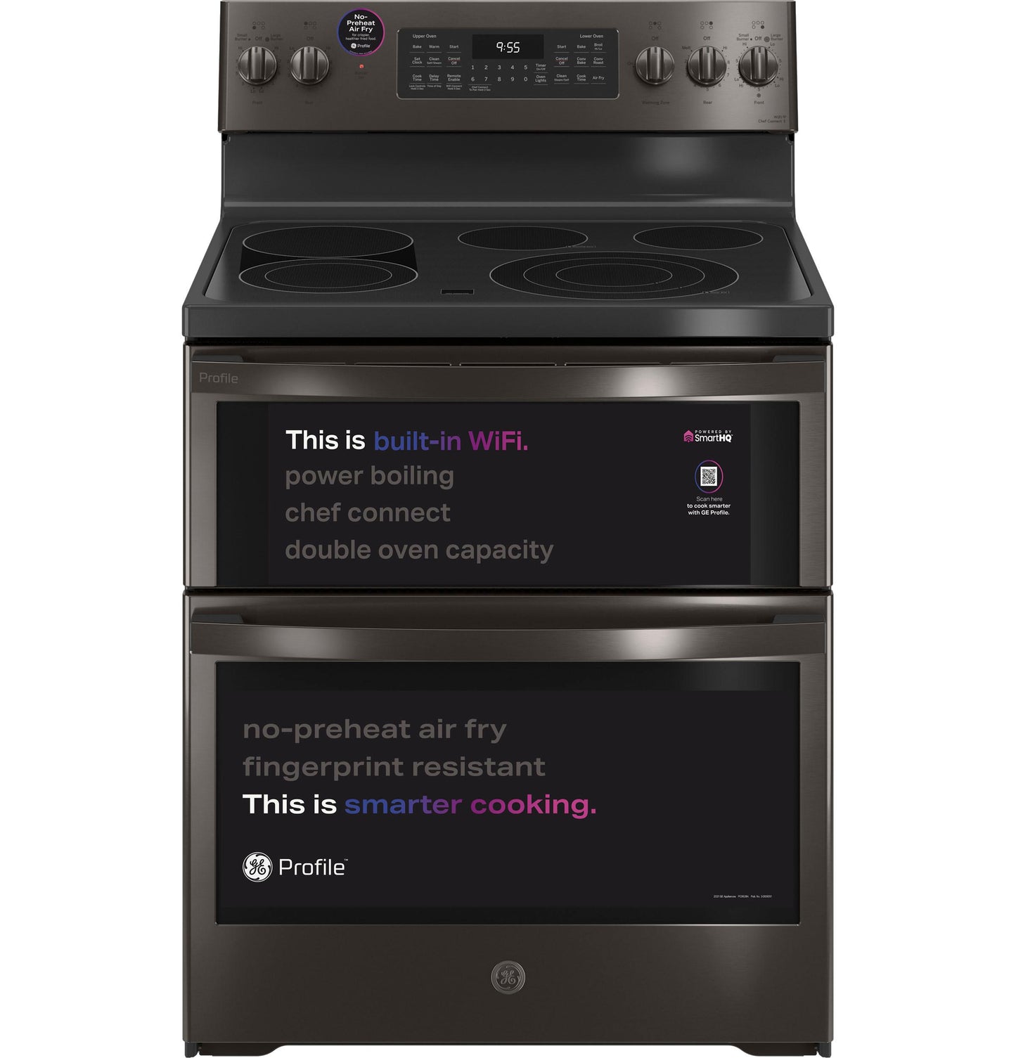 GE APPLIANCES GE Profile 30" Smart Free-Standing Electric Double Oven Convection Range with No Preheat Air Fry Black in Stainless Steel - PB965BPTS