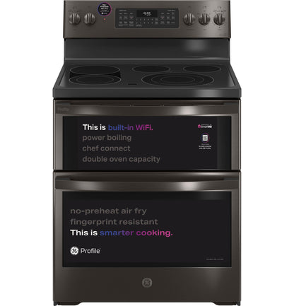 GE APPLIANCES GE Profile 30" Smart Free-Standing Electric Double Oven Convection Range with No Preheat Air Fry Black in Stainless Steel - PB965BPTS