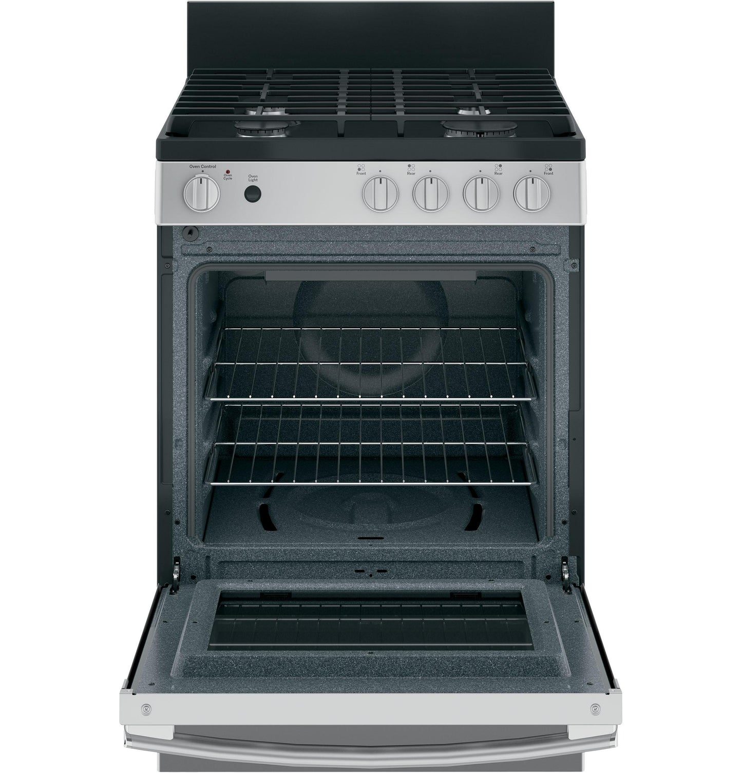 GE APPLIANCES 24" Steam Clean Free-Standing/Slide-in Gas Range Black On Stainless - JGAS640RMSS