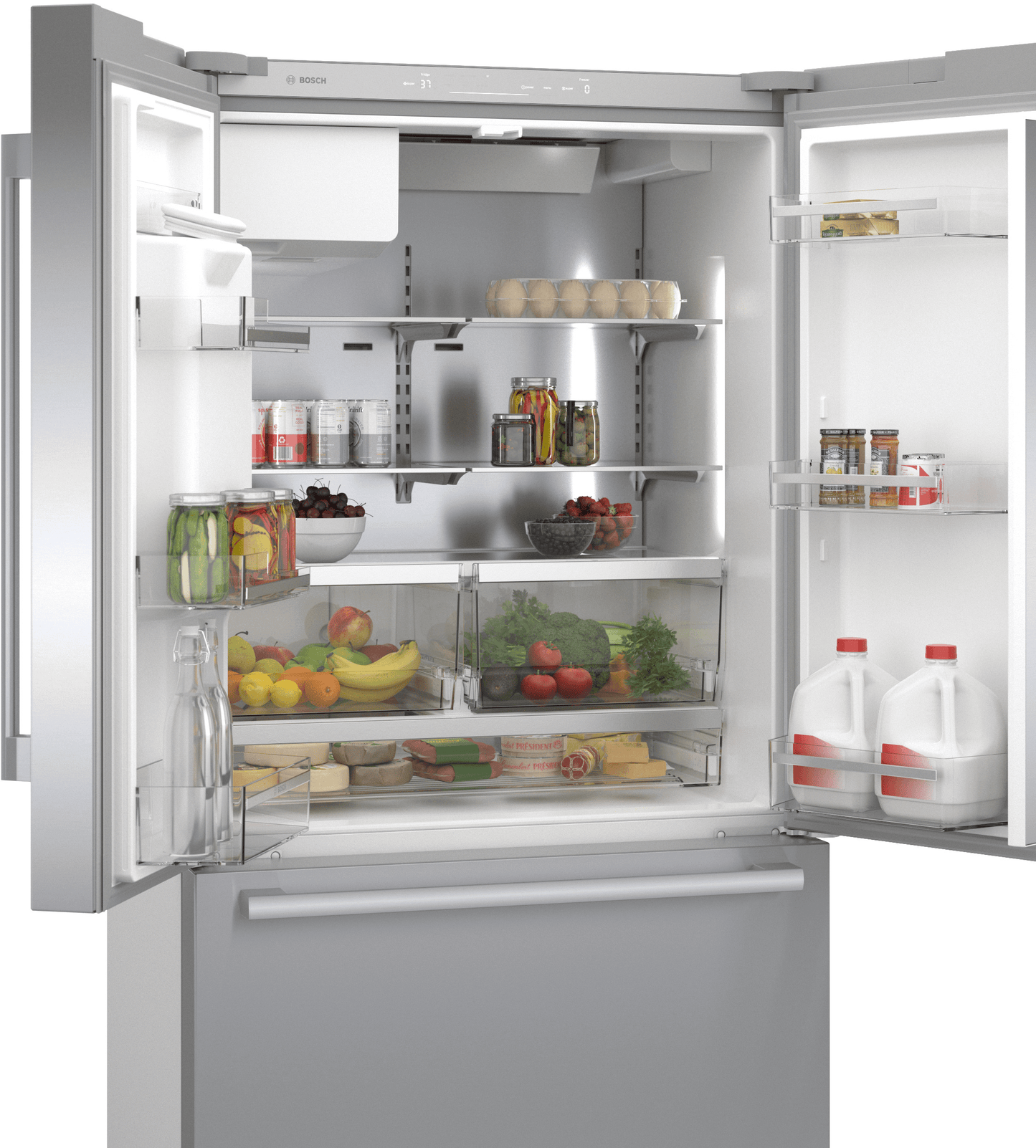 BOSCH B36CD52SNS 500 Series, French Door Bottom freezer, multi door, 36'', Brushed steel (with anti-fingerprint), Total No Frost in Stainless Steel - B36CD52SNS