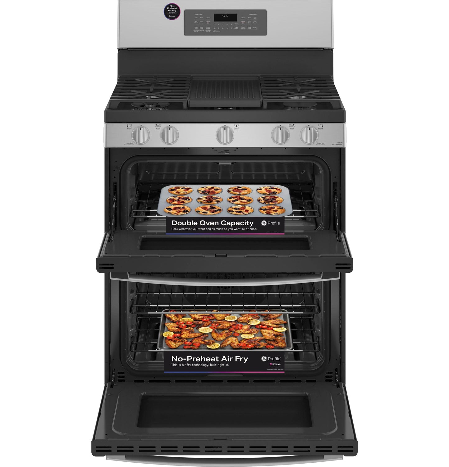 GE APPLIANCES GE Profile 30" Free-Standing Gas Double Oven Convection Fingerprint Resistant Range with No Preheat Air Fry in Stainless Steel - PGB965YPFS