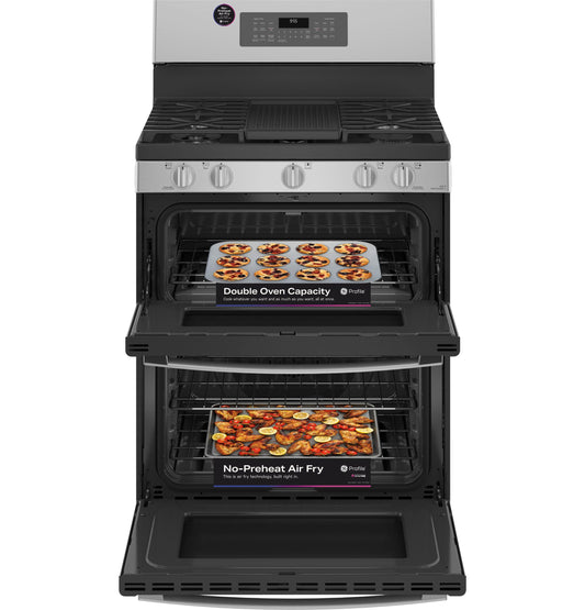 GE APPLIANCES GE Profile 30" Free-Standing Gas Double Oven Convection Fingerprint Resistant Range with No Preheat Air Fry in Stainless Steel - PGB965YPFS