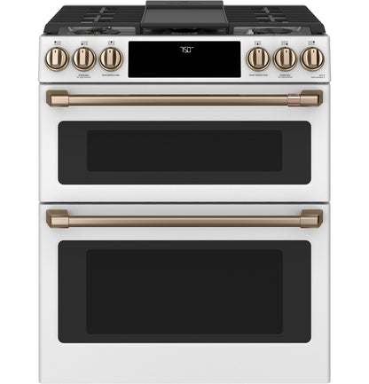 CAFE  30" Smart Slide-In, Front-Control, Gas Double-Oven Range with Convection White - CGS750P4MW2