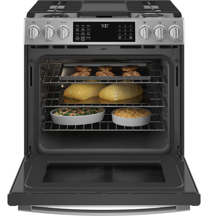 GE APPLIANCES 30" Smart Dual Fuel Slide-In Front-Control Fingerprint Resistant Range in Stainless Steel - P2S930YPFS