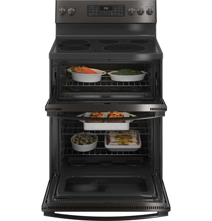 GE APPLIANCES GE Profile 30" Smart Free-Standing Electric Double Oven Convection Range with No Preheat Air Fry Black in Stainless Steel - PB965BPTS