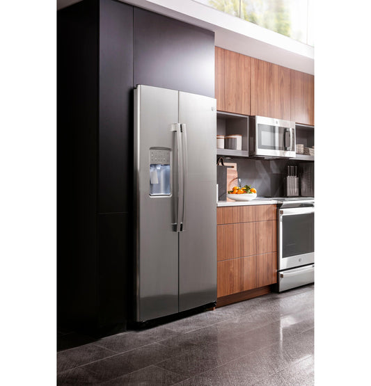 GE APPLIANCES 21.9 Cu. Ft. Counter-Depth Side-By-Side Refrigerator in Stainless Steel - PZS22MYKFS