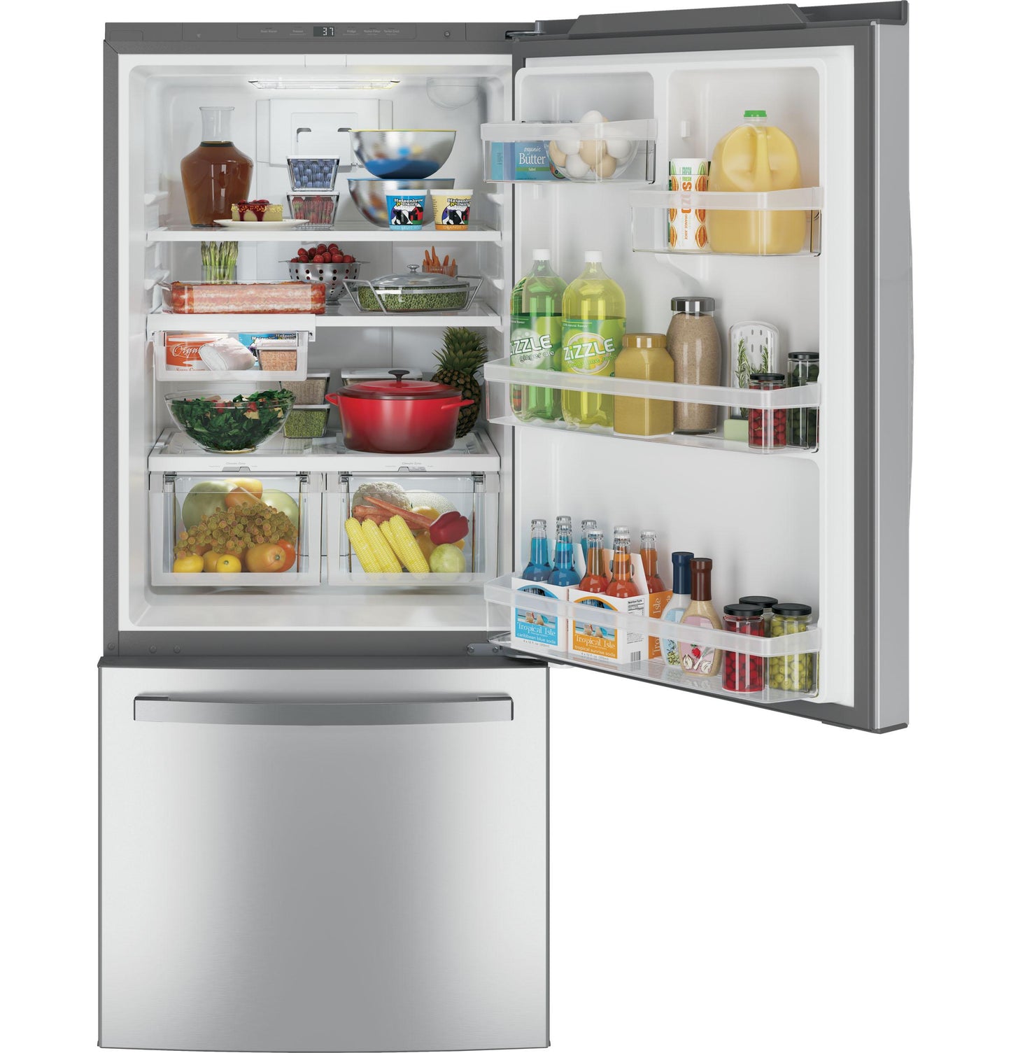 GE APPLIANCES 21.0 Cu. Ft. Bottom-Freezer Refrigerator in Stainless Steel - GDE21EYKFS