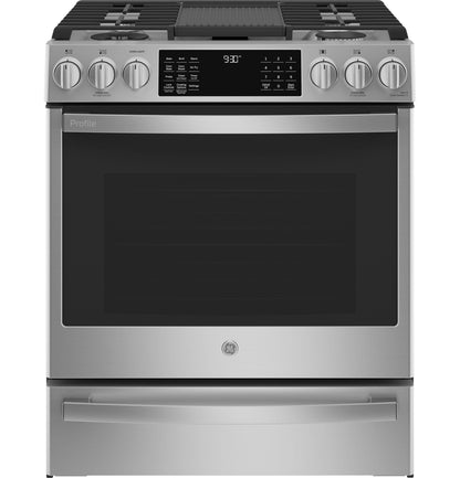 GE APPLIANCES 30" Smart Dual Fuel Slide-In Front-Control Fingerprint Resistant Range in Stainless Steel - P2S930YPFS