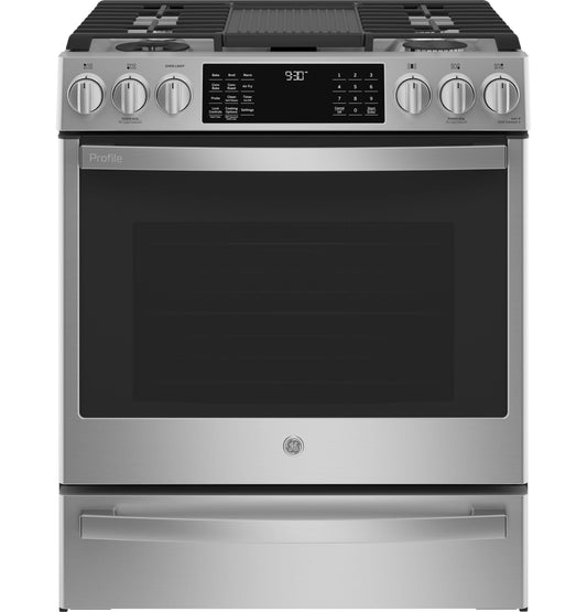 GE APPLIANCES 30" Smart Dual Fuel Slide-In Front-Control Fingerprint Resistant Range in Stainless Steel - P2S930YPFS